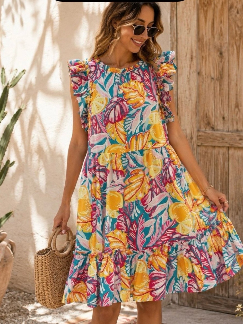 crown & ivy Multi-Color Tropical Fruit Ruffle Midi Dress